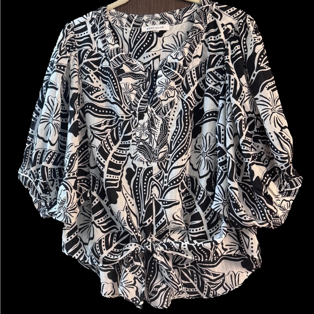 Rose & Olive Black and White Blouse with Flutter Sleeves and Tie Front